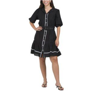 LEA Short Sleeve Contrast Trim Mini Dress With Covered Belt
